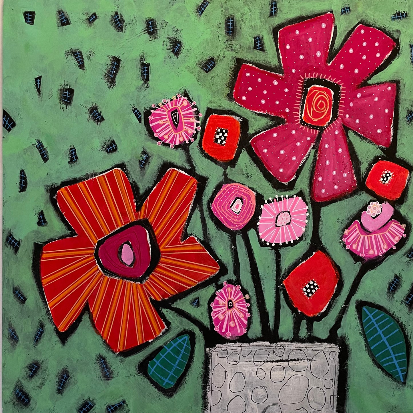 "Poppin' Patterns”  $400- 20"x20" Acrylic on cradled wooden canvas